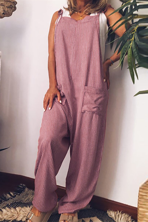 Casual Striped Pocket Frenulum Square Collar Loose Jumpsuits - Life is Beautiful for You - SheChoic