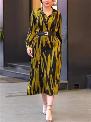 Style & Comfort for Mature Women Women's Long Sleeve Shirt Collar Graphic Midi Dress