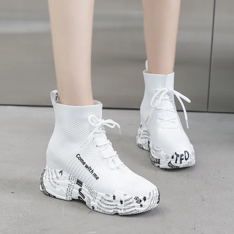 Tanguoant Tanguoant Woven Elastic Small White Shoes Female 2023 Spring And Autumn New Build Newspaper Bottom High Top Shoes High Heel Cake Sock Shoes Trend