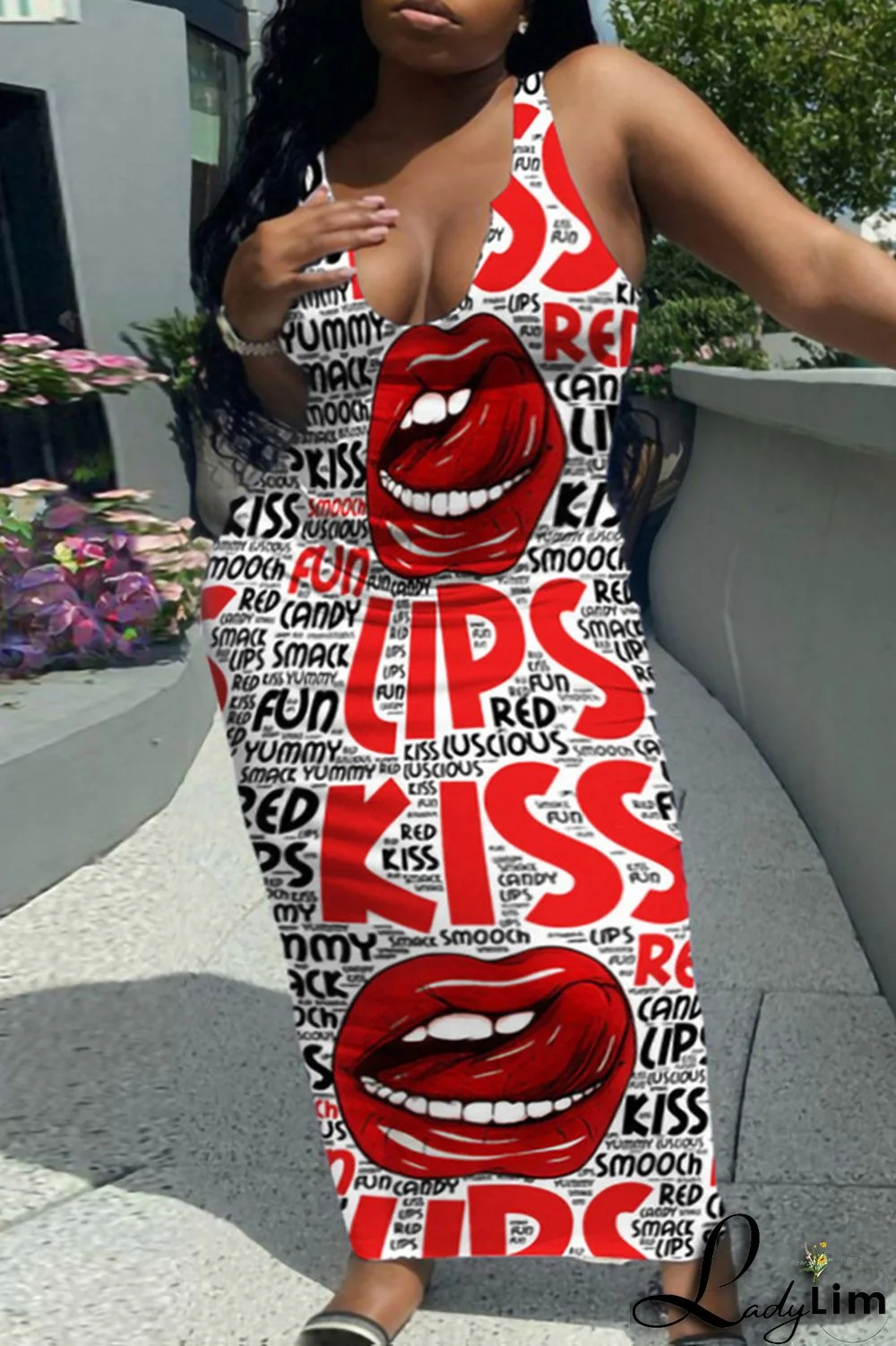 White Fashion Sexy Plus Size Letter Lips Printed Basic U Neck Vest Dress