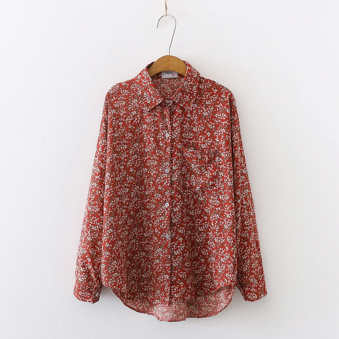 Spring New Women Vintage Loose Letter Floral Shirt Long Sleeve Button Up Chiffon Blouse Turn-Down Collar Autumn Casual Tops T094