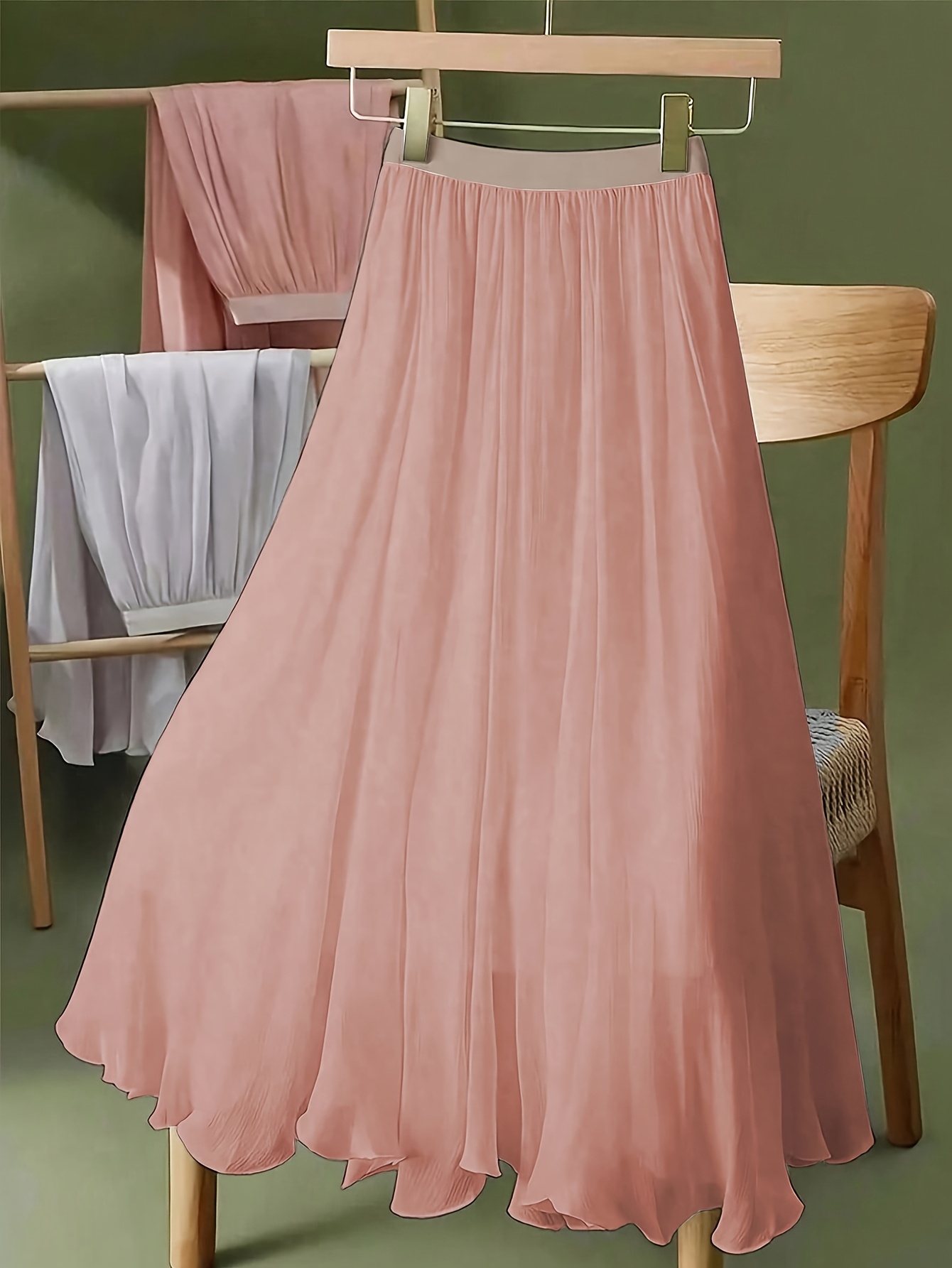 Women's Pink Chiffon A-Line Skirt With Lining - Elastic Waistband Opaque Midi Length, Slim-Fit Solid Color Skirt For, Vacation & Casual Attire, Machine Washable Soft Pink All-Season Dress-Like (No Belt Needed), Long Skirts For Women