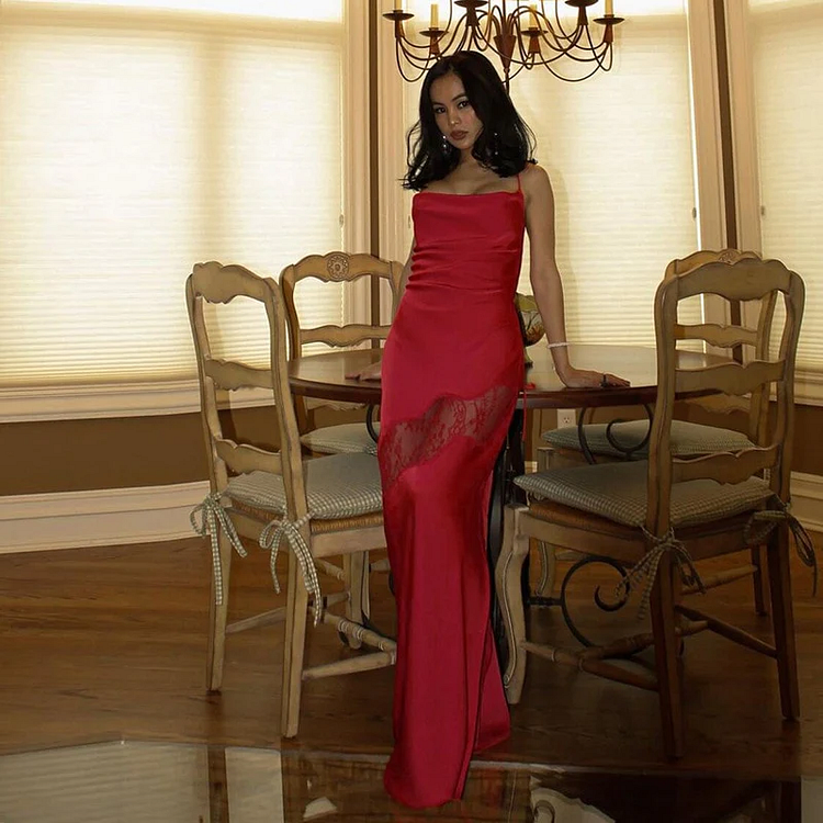Yellow new lace spaetti straps sexy backless mid-length elegant satin prom dress evening dress party dress