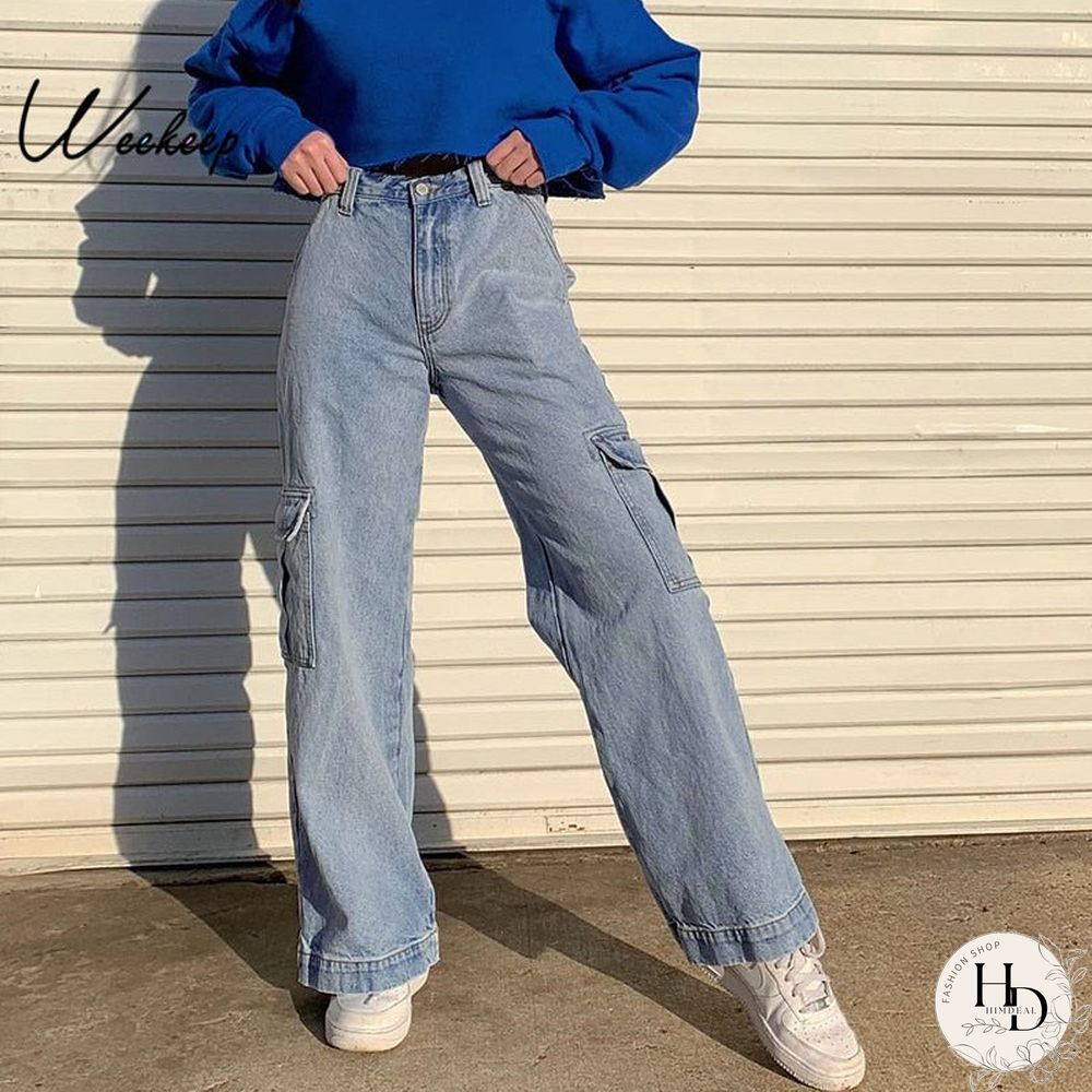 High waist jeans women streetwear straight leg jeans women blue 100 cotton cargo pants