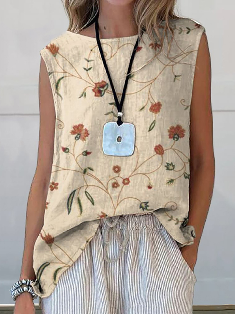 Comstylish Retro Floral Art Print Casual Cotton Linen Tank Top