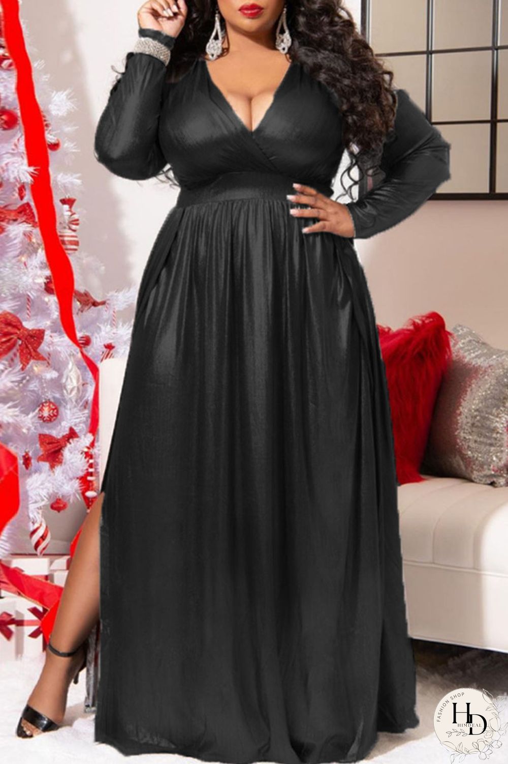 Black Fashion Casual Solid Slit V Neck Long Sleeve Plus Size Dresses