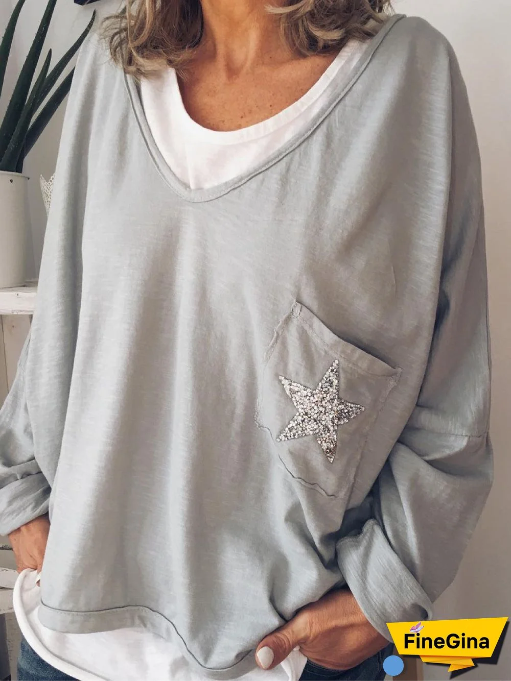 Grey Holiday Cotton-Blend Pockets V Neck Tops