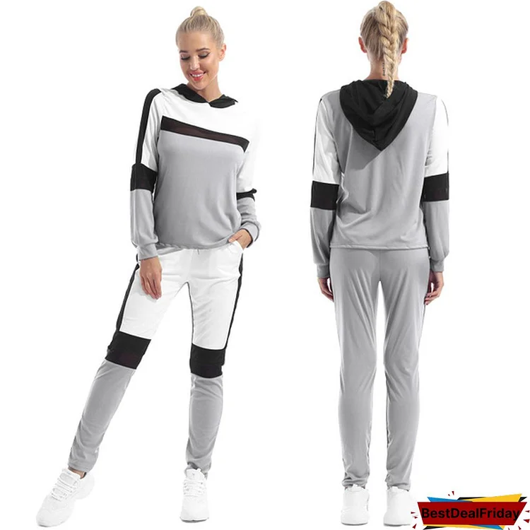 Women's Casual Two Piece Outfits Patchwork Sweatsuit Tracksuit Pocket Hoodies Sweatshirt Drawstring Pants