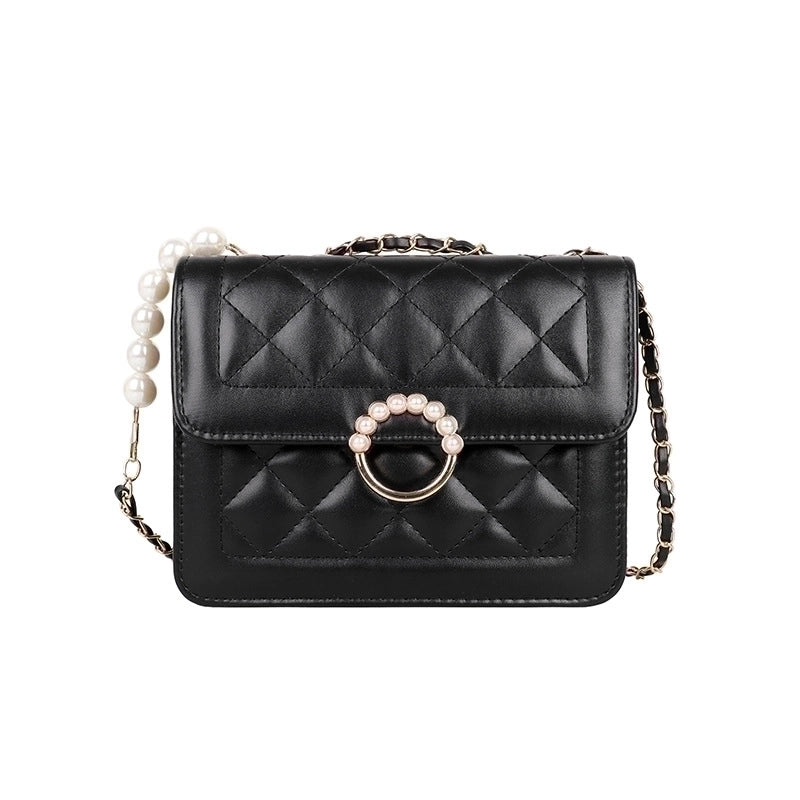 Women’s Small Pu Leather Lingge Fashion Pearl Square Magnetic Buckle Crossbody Bag
