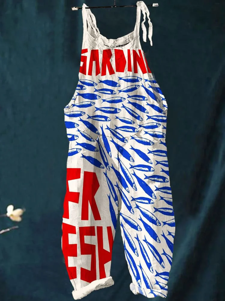 Women's Vintage Fish Sardines Art Print Casual 100% Cotton Wide Leg Jumpsuit