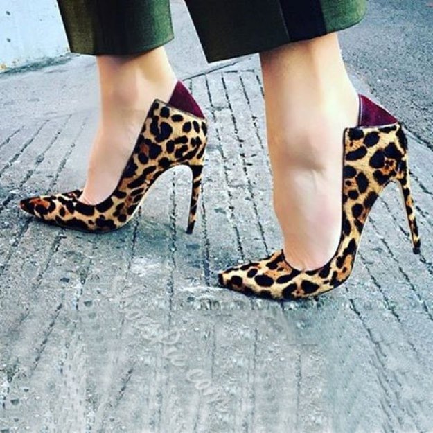 Khaki Pointy Toe Leopard Print Heels Pumps for Women |FSJ Shoes