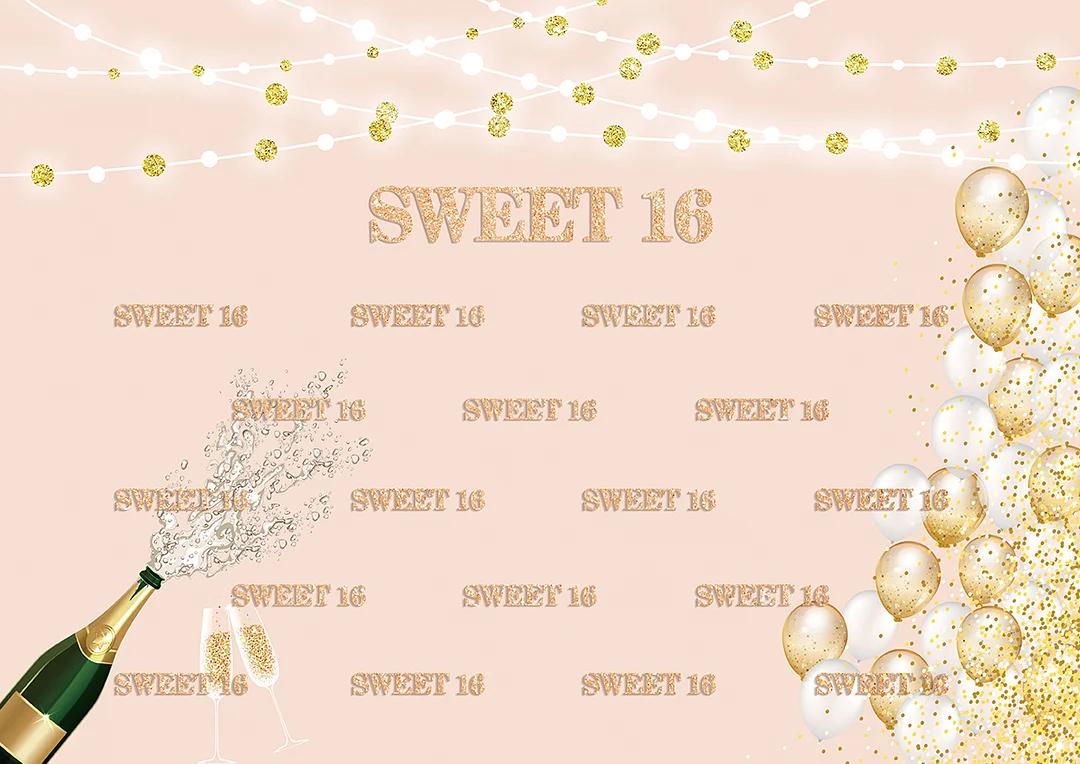 Glitter rose Golden Champagne Balloons Sweet 16th Happy Birthday Party Backdrop RedBirdParty