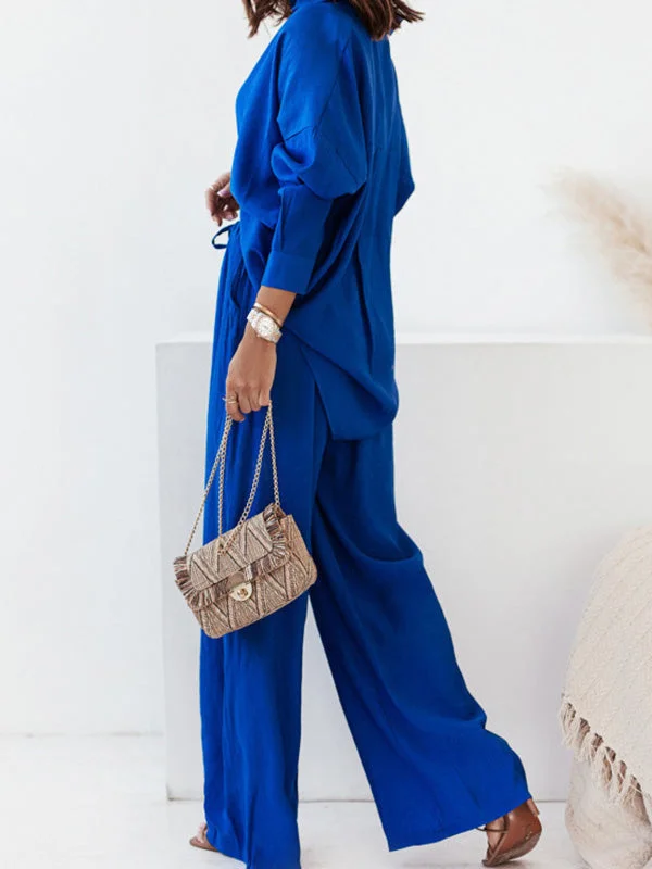 Long Sleeves Buttoned Pockets Solid Color Lapel Shirts Top + Elasticity High Waisted Pants Bottom Two Pieces Set