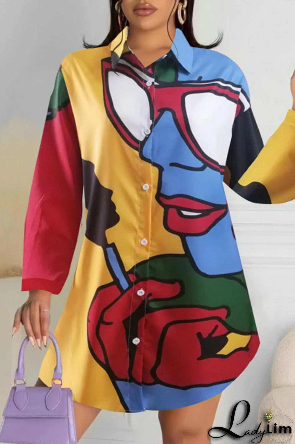 Purple Green Casual Street Print Patchwork Buckle Turndown Collar Tops