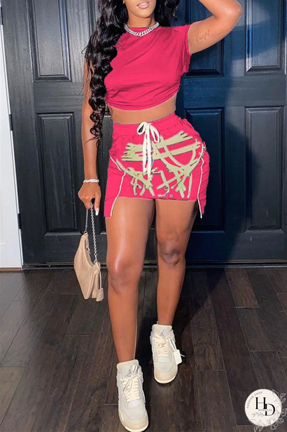 Red Fashion Sexy Print Asymmetrical O Neck Short Sleeve Two Pieces