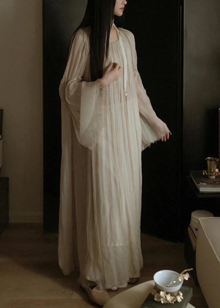 Elegant White Solid Wrinkled Silk Cotton Long Dress Flare Sleeve