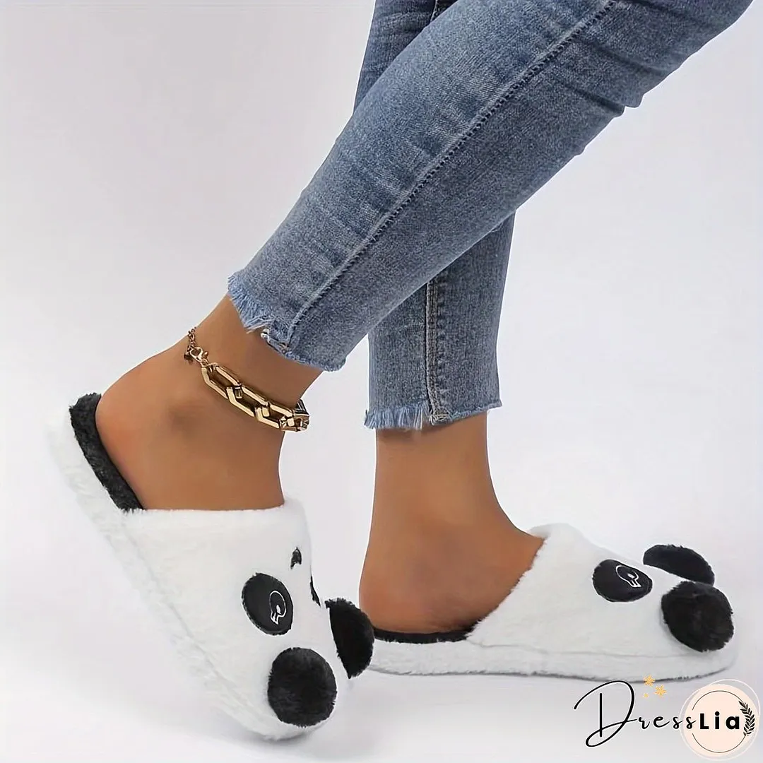 Cute Cartoon Panda Fluffy Home Slippers, Soft Sole Closed Toe Plush Lined Shoes, Non-slip Bedroom Mute Slippers, Winter & Autumn