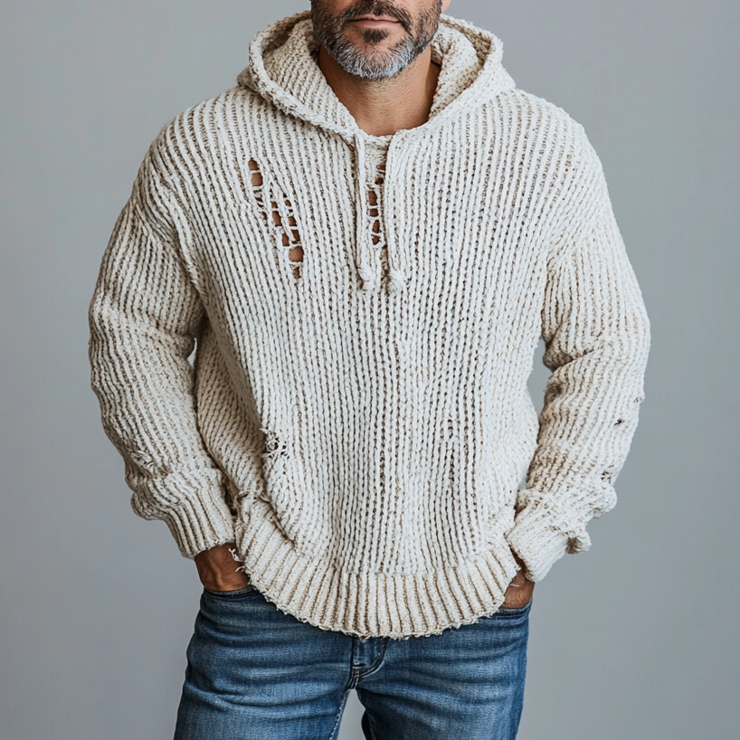 Men's Knit Ripped Long Sleeve Drawstring Hoodie