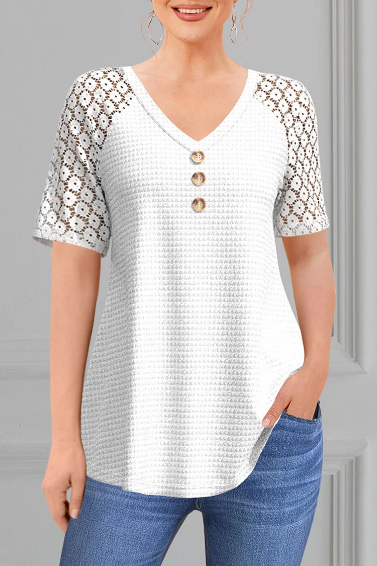 Flycurvy Plus Size Casual White Lace Stitching Decorative Button Walf Checks Raglan Sleeve Blouse  Flycurvy [product_label]