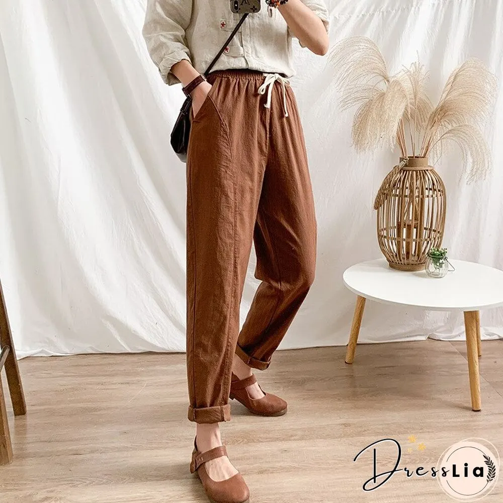 Summer Womens Pants-Cotton Linen Large Size Casual Loose Ankle-Long Capri Drawstring