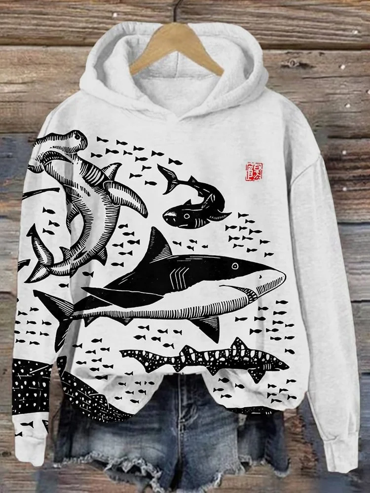 Women's Sharks Japanese Lino Art Graphic Comfy Hoodie