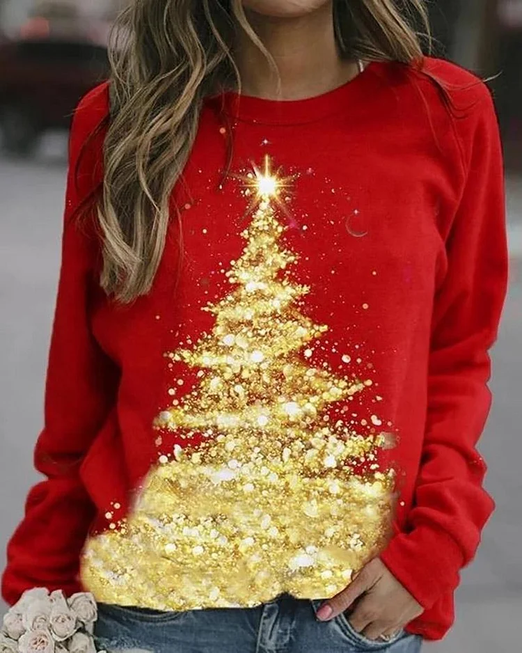 Christmas Tree Print Long Sleeve Sweatshirt P5043864890