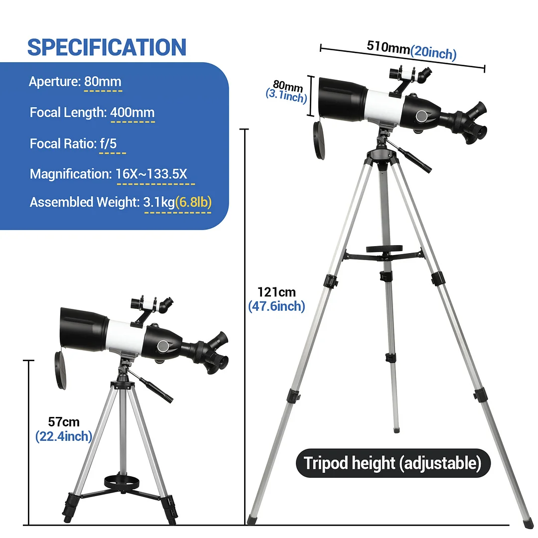BEBANG Telescope for adults astronomy , 80mm Aperture Astronomical Telescope, 3 Rotatable Eyepieces Refractor Telescope with Tripod