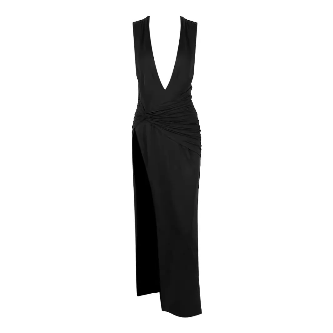 Uveng Uveng Girls Wear A New Women's Wear Sexy Deep V Slit Pleated Long Skirt Black Dress Long
