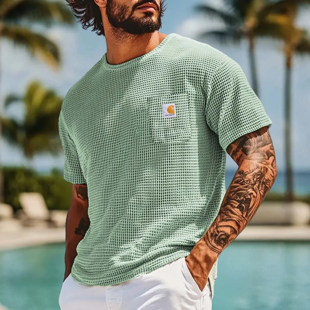  Lightweight Waffle Knit Pocket Tee for Men