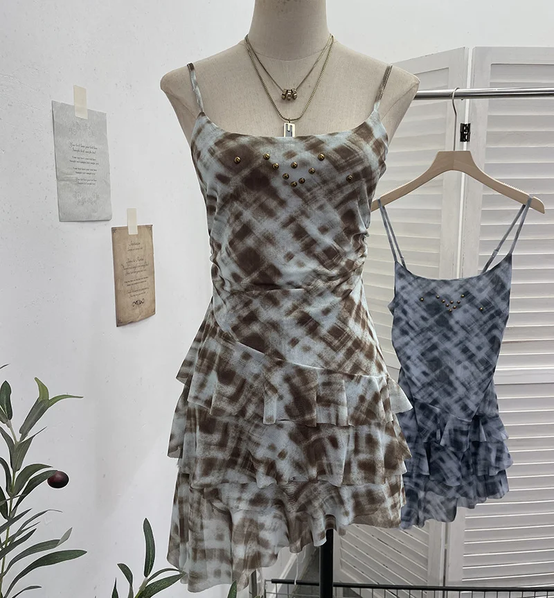 Nigikala Nigikala Shooting Mesh Yarn Irregular Rivet Vest Dress Women 2025 Summer Dress New Lotus Edge Sleeveless Top 1273