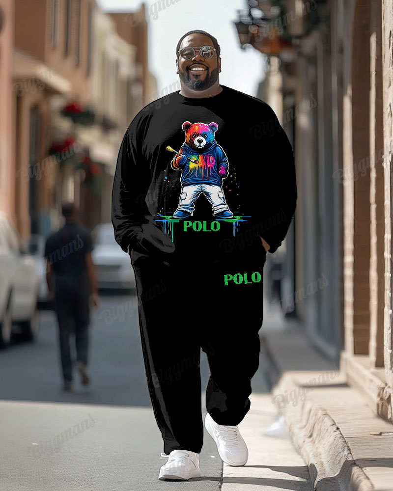 Men's Plus Size Graffiti Bear Letter Print Long Sleeve T-Shirt Trousers Suit