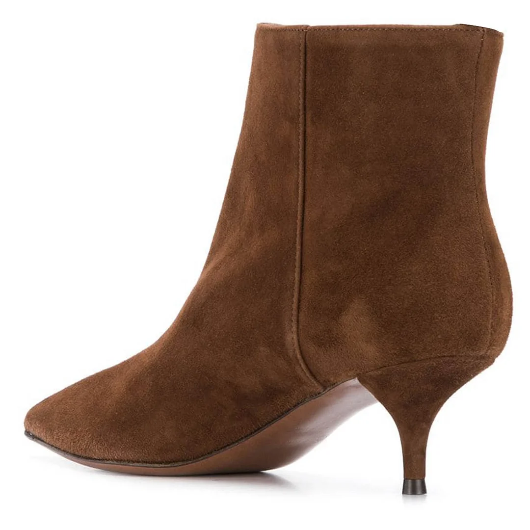 Vegan Suede Kitten Heel Pointed Toe Booties for Women in Brown