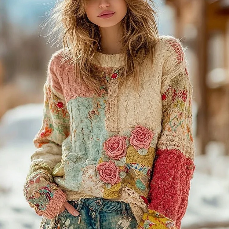 Women's Vintage Chunky Needle Rose Floral Stitching Warm Crew Neck Sweater