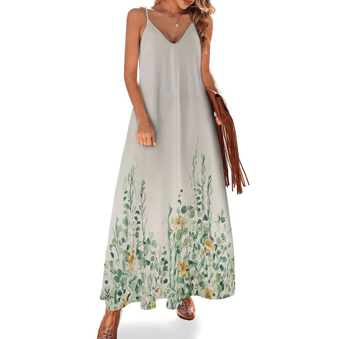 Style & Comfort for Mature Women Plus Size Printed Sling Casual Women Maxi Dress in Pattern Floral, Green, Yellow