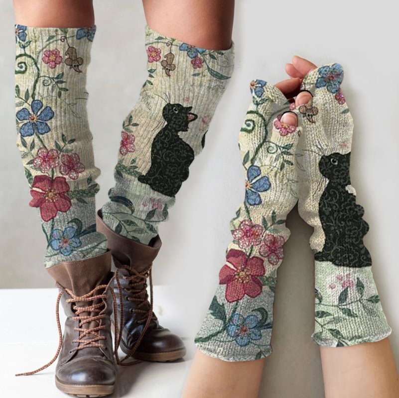 Vintage cat floral print knitted leg warmers + fingerless gloves set