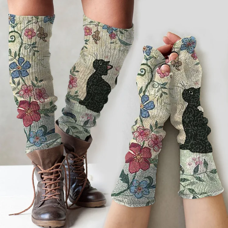 （Ship within 24 hours）Vintage cat floral print knitted leg warmers + fingerless gloves set
