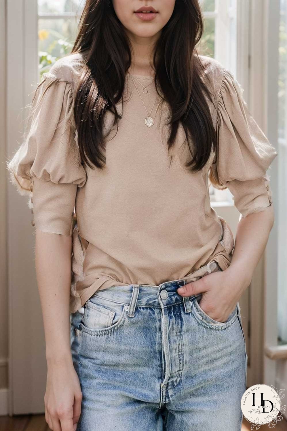 solid color button loose casual round neck t shirt