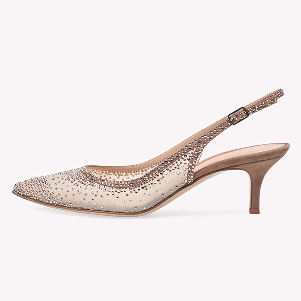 Khaki Mesh Pointed Toe Kitten Heel Rhinestone Slingback Pumps Nicepairs