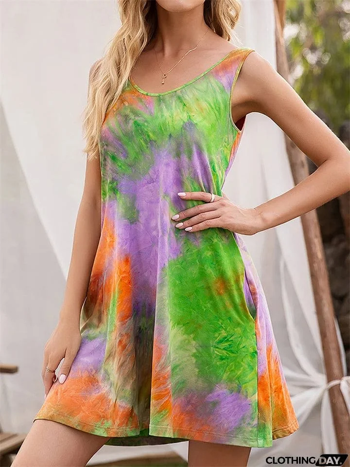 Women's Modish Sleeveless Crewneck Tie-dye Suspender Dress