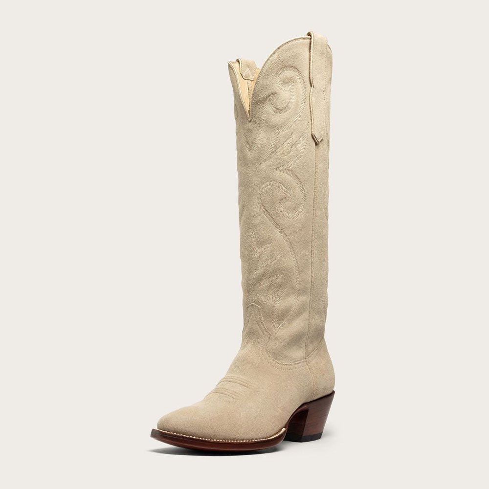Light Beige Pointed Toe Knee High Embroidered Cowgirl Boots with Block Heel