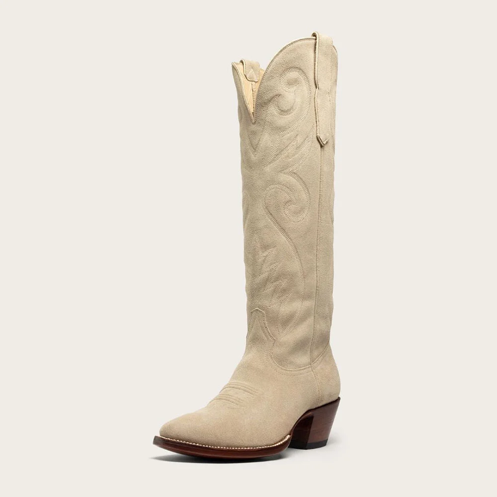 Light Beige Pointed Toe Knee High Embroidered Cowgirl Boots with Block Heel Nicepairs