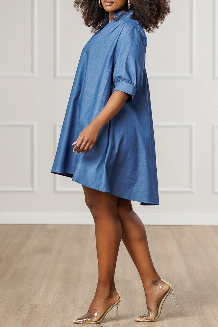 Plus Size Business Casual Blue Shirt Collar Short Sleeve Pocket Casual Tencel Denim Mini Dresses [Pre-Order]