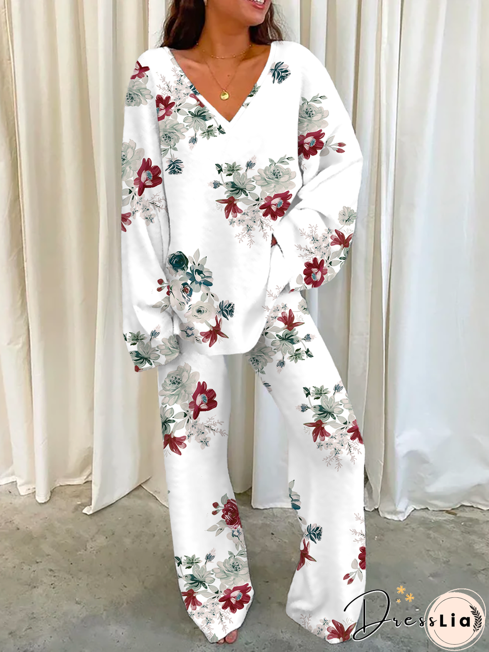 Casual V Neck Floral Two Piece Sets