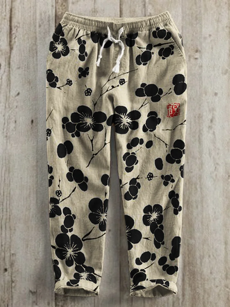 Cherry Blossom Japanese Lino Art Linen Blend Casual Pants