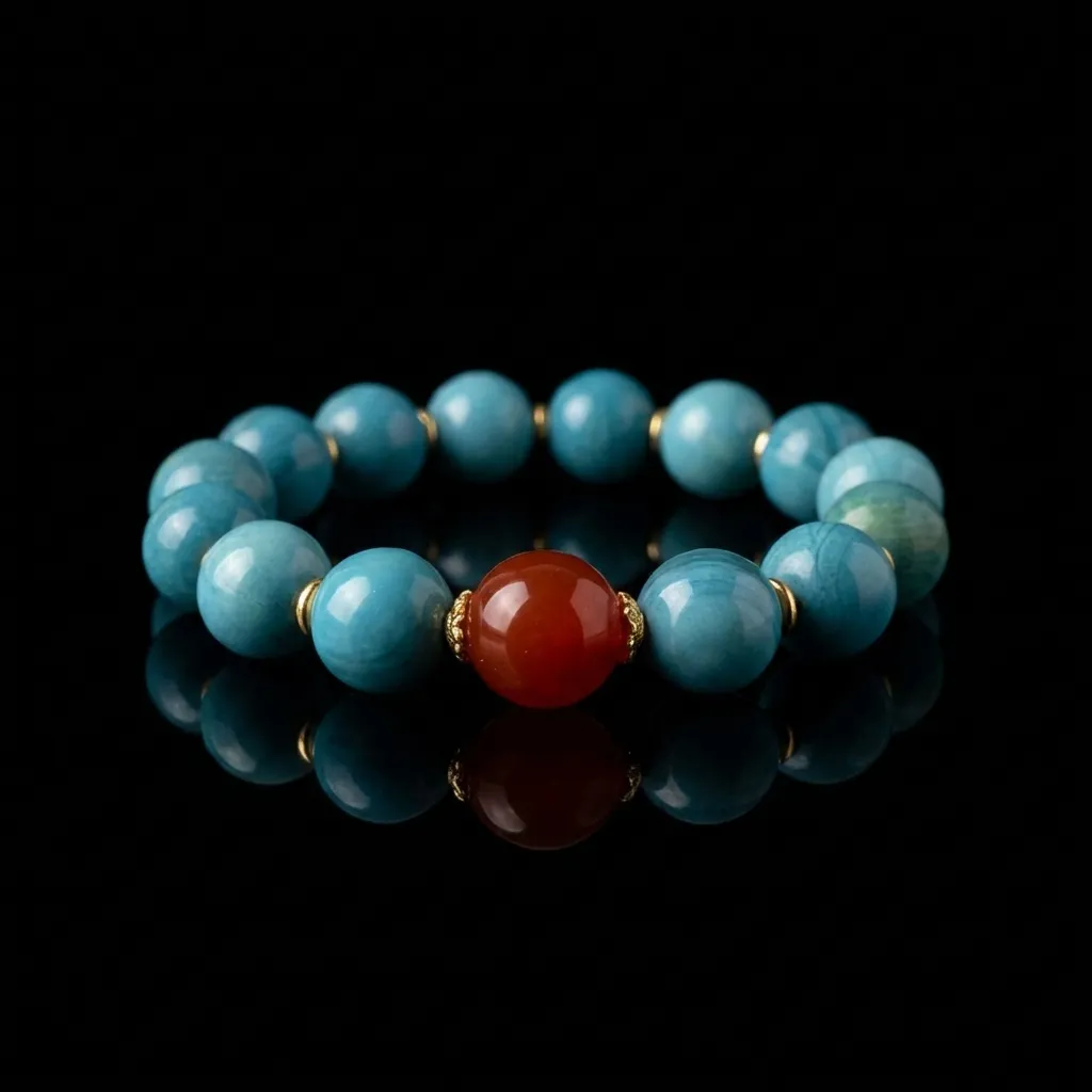 Azure Serenity: Handcrafted Natural Green Agate & Southern Red Agate Bracelet