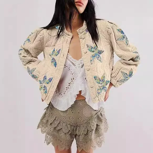 Nigikala Nigikala Autumn And Winter Explosion Embroidered Good Quality Washing Cotton Maple Leaf Embroidery Lady Coat Cotton Suit