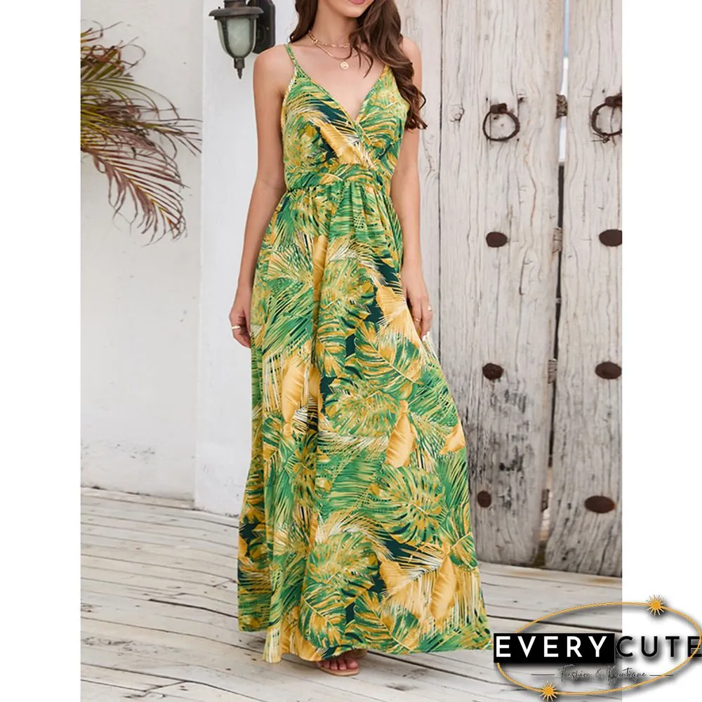 Light Green Bohemia Print V Neck Maxi Dress