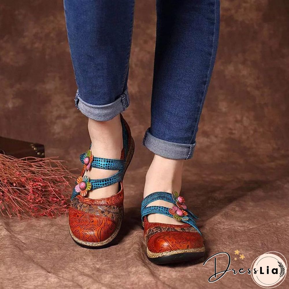 Womens Retro British Floral Leather Sandals Color Stitching Shackles Stripes 