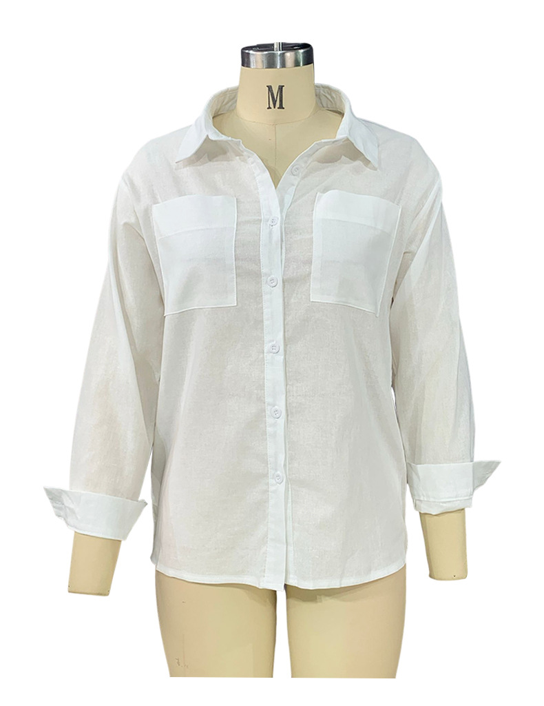 Women's Autumn Solid Color Long Sleeve Collared Cotton Linen Blouse - Ootddress