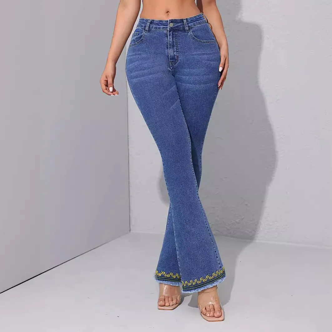 Women's Vingtage Tribal Micro Flared Jeans Embroidered Floral Jeans